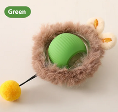Green cat toy with fuzzy brown ring, bunny ears, and yellow pom-pom wand for playful pets