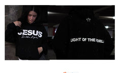 Black hoodie with 'Jesus Is the Light' front and 'Light of the World' back, sparkly design, faith apparel