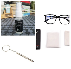 Eyeglass cleaning kit with spray, microfiber cloths, and precision tool for glasses care