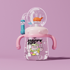 Pink baby sippy cup with 'Happy Day' cartoon, whale snow globe lid, and handles for toddler use