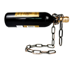 Red wine bottle with gold label wrapped in decorative chain, ideal gift for wine lovers