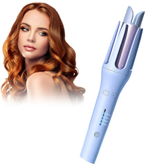 Blue automatic hair curler with temperature settings and model with wavy hair