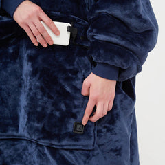 Navy blue plush heated robe with power button and USB charger, cozy wearable blanket for warmth
