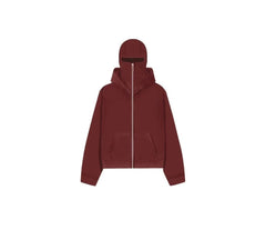 Burgundy zip-up hoodie with full-face hood, cozy winter wear for gifts