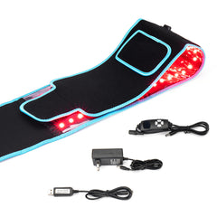 Red LED therapy belt with controller, power adapter, and USB cable for back pain relief and muscle recovery