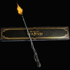 Magic wand with flame tip, displayed over elegant black and gold box, perfect fantasy gift for kids and collectors
