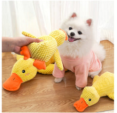 Fluffy white dog in pink outfit playing with yellow crocheted duck toys on wooden floor