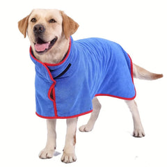 Happy yellow lab wearing blue dog drying robe with red trim, perfect pet gift for grooming after bath