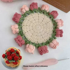 Handmade crochet flower coaster with pink and red roses, perfect gift for home decor or crafting enthusiasts