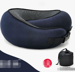 Navy blue travel neck pillow with mesh lining and carry bag, ideal for comfortable journeys
