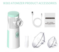 W303 portable nebulizer with mask, USB cable, and instruction manual for home use