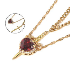 Gold heart pendant necklace with red gemstone and sword design, perfect gift for loved ones
