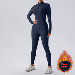 Navy blue fleece warm long sleeve bodysuit for women, cozy workout or loungewear with front zipper