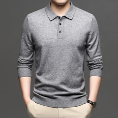 Gray long sleeve polo shirt for men, casual knit sweater with collar and buttons