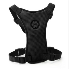 Black mesh dog harness with paw print design, adjustable straps for comfortable pet walking