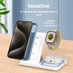 Wireless charging station for phone, smartwatch, and earbuds with slim protective case support