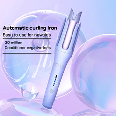 Automatic curling iron with negative ions, easy for beginners, purple gradient design, bubble background