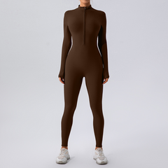 Brown long-sleeve zip-front bodysuit with leggings, ideal for fitness or casual wear