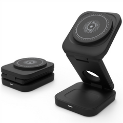 Foldable wireless charger stand for phones, compact design, black