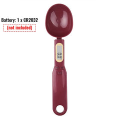 Digital kitchen spoon scale with LCD display, burgundy color, measures weight for cooking and baking