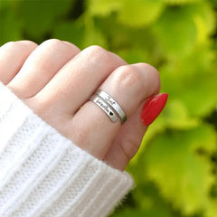 Silver 'Just Breathe' ring with heart, worn on finger with red nail polish, perfect gift for her