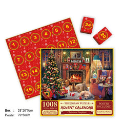 1008-piece Christmas fireplace jigsaw puzzle advent calendar with daily pieces, festive tree, cozy living room scene
