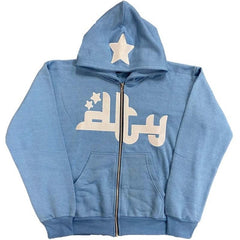 Blue zip-up hoodie with star and Arabic script design, perfect family gift