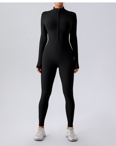 Black long sleeve zip-front bodysuit with leggings, ideal for fitness or casual wear