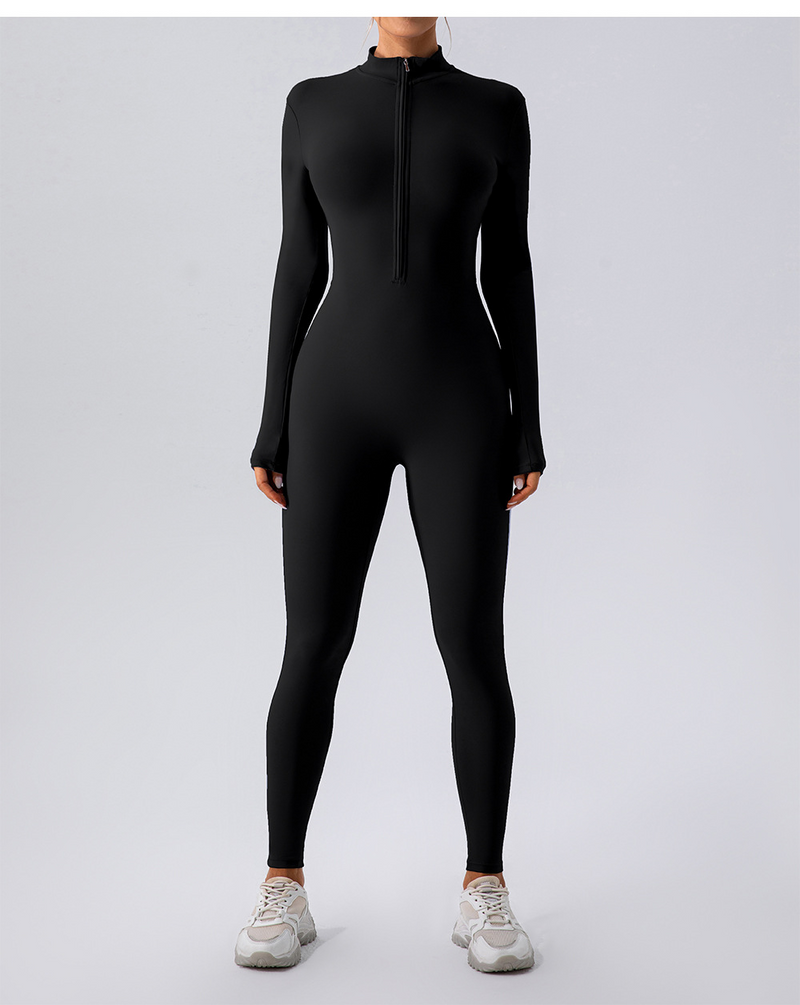 Black long-sleeve zip-front bodysuit with leggings, perfect for fitness or casual wear