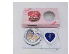 Love-themed gift set with heart pendant necklace and fortune cookies in pink box