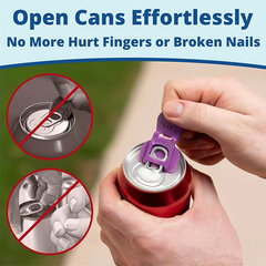 Purple can opener tool opens soda cans easily, prevents hurt fingers and broken nails