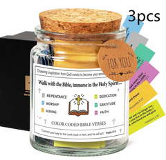 Color-coded Bible verse jar with inspirational quotes, cork lid, and 'For You' tag — perfect faith-based gift
