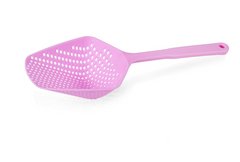 Pink plastic slotted spoon with perforated head for kitchen use