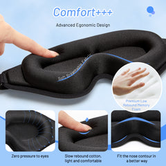 Black ergonomic sleep mask with memory foam, breathable fabric, zero eye pressure, and nose contour fit