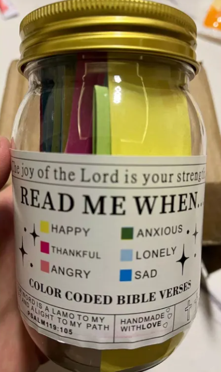 Color-coded Bible verses in jar for happy, sad, anxious moments – handmade faith gift