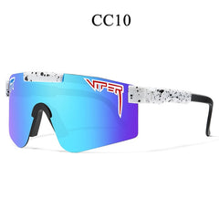CC10 Viper shield sunglasses with blue-purple gradient lens and splatter frame, stylish unisex eyewear