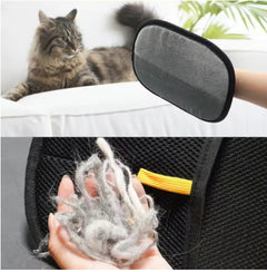 Cat hair removal glove with collected fur, ideal pet grooming tool for fluffy cats