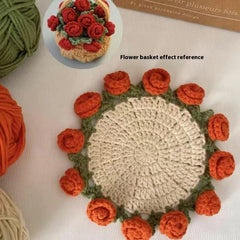 Handmade crochet coaster with orange roses and green leaves, perfect for home decor or gifting