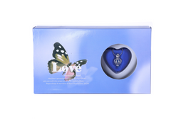 Heart-shaped pendant necklace in blue gift box with butterfly 'Love' design, perfect romantic gift for her