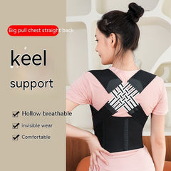 Woman wearing black posture corrector with crisscross back support for straight back and chest alignment