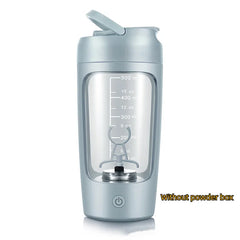 Portable electric shaker bottle with measurement markings and power button, ideal for protein shakes