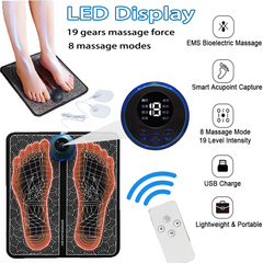 LED foot massager with 8 modes, 19 intensity levels, EMS bioelectric massage, USB charge, remote control
