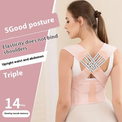 Woman wearing pink posture corrector for back support, shoulder alignment, and upright waist