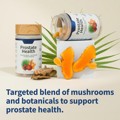 Prostate health supplement with mushroom blend, saw palmetto, and turmeric botanicals in clear bottles