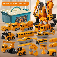 Engineering Series 35-piece toy construction vehicle set with transformable robots and storage bin