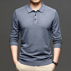 Men's gray long sleeve polo shirt with ribbed cuffs and collar, casual knit sweater style