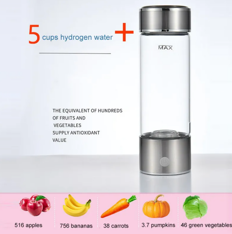 Hydrogen water bottle with antioxidant benefits, equals 516 apples or 756 bananas in value