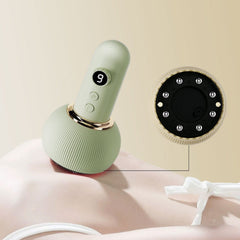 Mint green handheld massager with digital display and roller head for back relaxation