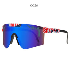 Blue mirrored wraparound sunglasses with American flag pattern arms, stylish unisex sun protection
