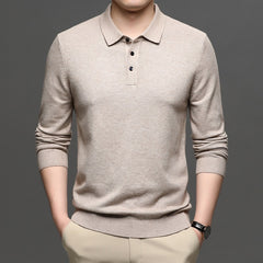 Beige long sleeve polo shirt for men, soft knit fabric, casual style